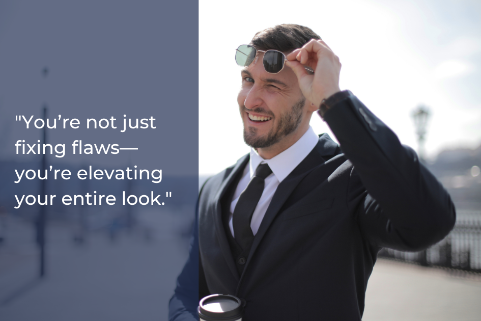 A man in a suit smiles and adjusts his sunglasses outdoors while holding a coffee cup; a quote about crafting confidence with natural-looking veneers appears on the left.