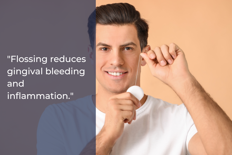 A man in a white shirt uses dental floss, with a text overlay stating, "Flossing improves oral care by reducing gingival bleeding and inflammation for a bright smile.