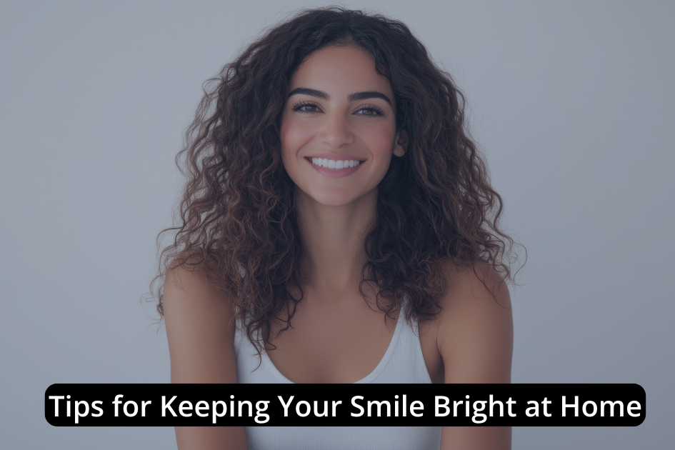 Woman with curly hair smiling in a white tank top, with a caption below reading "Dental Tips for a Bright Smile: At-Home Oral Care Made Easy.