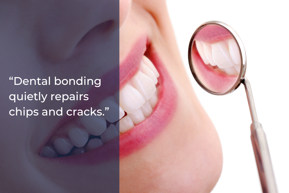 Close-up of a person smiling while a dental mirror reflects their teeth; accompanying text explains how Dental Bonding offers effective minor tooth repair for chips and cracks.