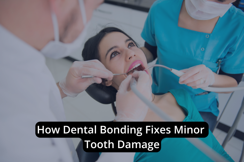 A woman receives a dental procedure from two dental professionals in a clinic, accompanied by the text, "How Dental Bonding Provides Tooth Repair for Minor Tooth Damage.