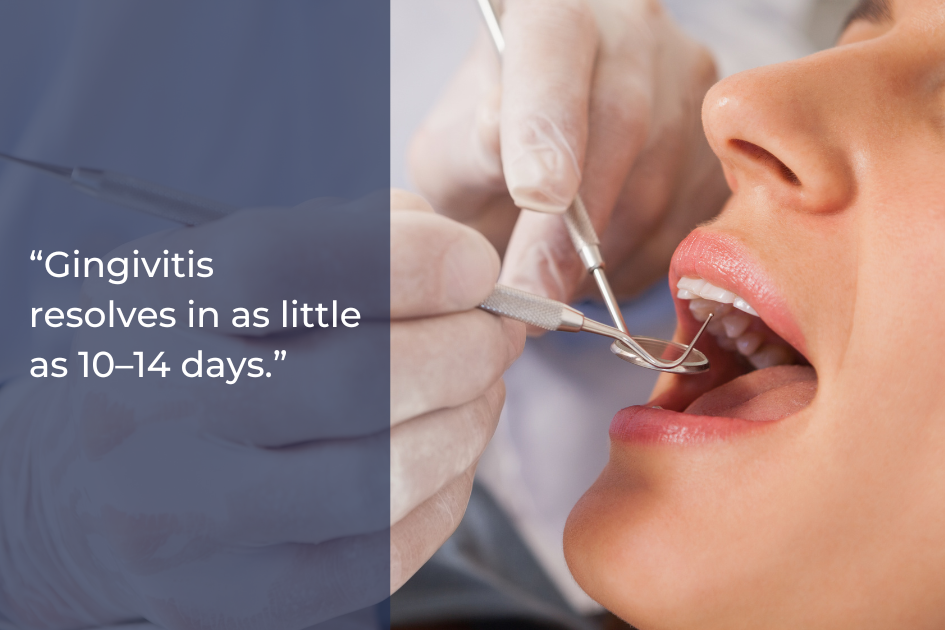 A dentist in Austin, TX examines a patient's open mouth with dental tools. Text reads: "Gingivitis, a common gum inflammation, resolves in as little as 10–14 days.